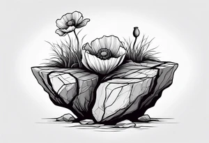 Lone  poppy growing out of boulder with roots enveloping rock tattoo idea