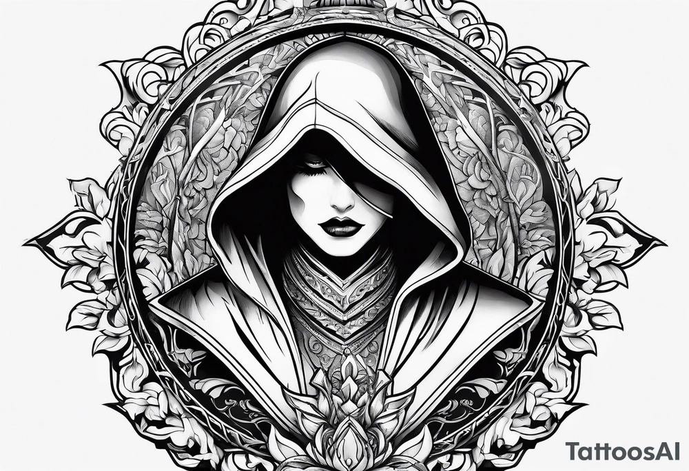 Shadow cloak with beautiful dagger in a form of protection tattoo idea