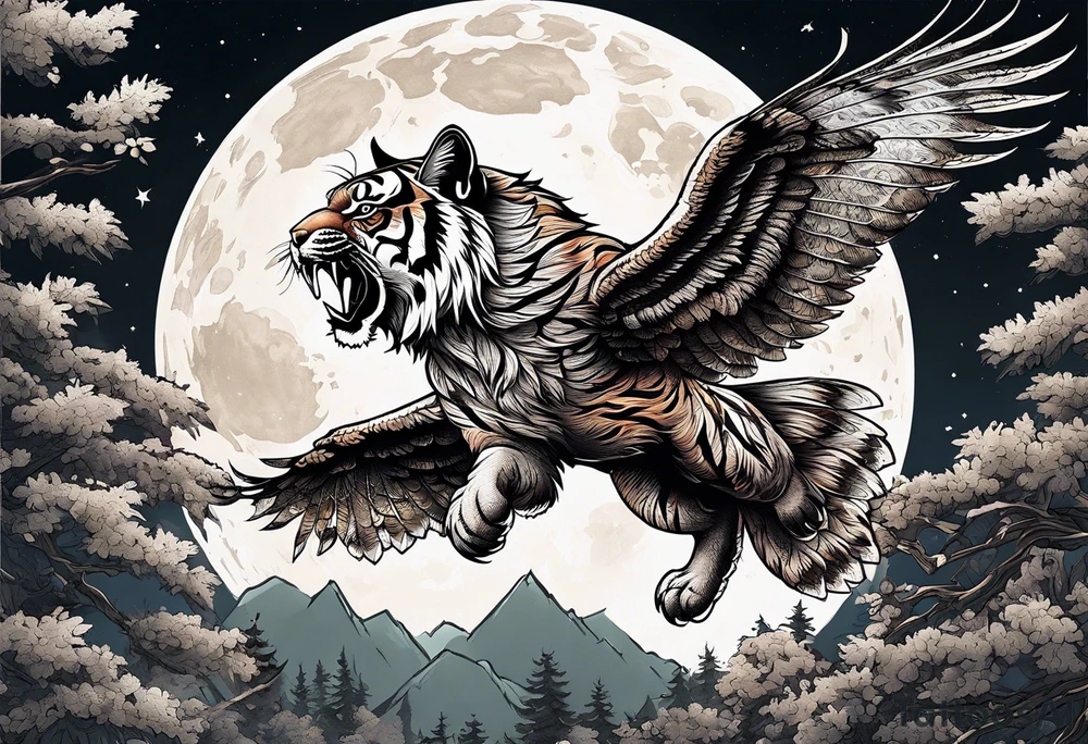 Tiger clawing a flying owl underneath a full moon in a forest tattoo idea