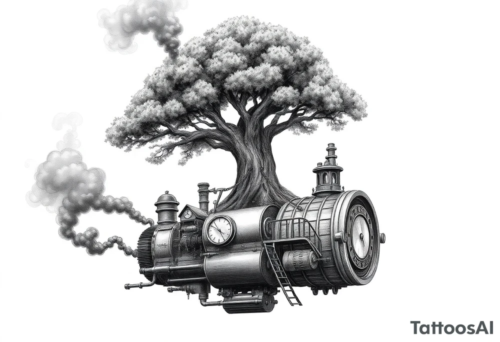 tree growing out of a v shaped engine with lots of pipes, guages and steam around the engine 
 with a smoke stack coming out of the top 
 billowing black smoke as if the tree and engine were a flying machine flying through the air 
 with an extreme steam punk vibe alot more steam punk 
it should look somewhat like a hot air baloon where the tree is the balloon and the machine is the basket but they are together as one unit, and the sky should have clouds in the back ground as if it were chugging along flying through the sky and needs to look extremely steam punk
the smoke stack should be coming out of the tree and the smoke should be trailing behind the machine 
the tree is the actual smoke stack for the machine 
the smoke stack should be a branch pointing up and out with smoke billowing out of it 
and the motor should be a motor that is kind of shaped like the letter V
and there should be a little tree house built in the tree with steam punk looking windows and some stairs down to a platform on the top of the engine tattoo idea
