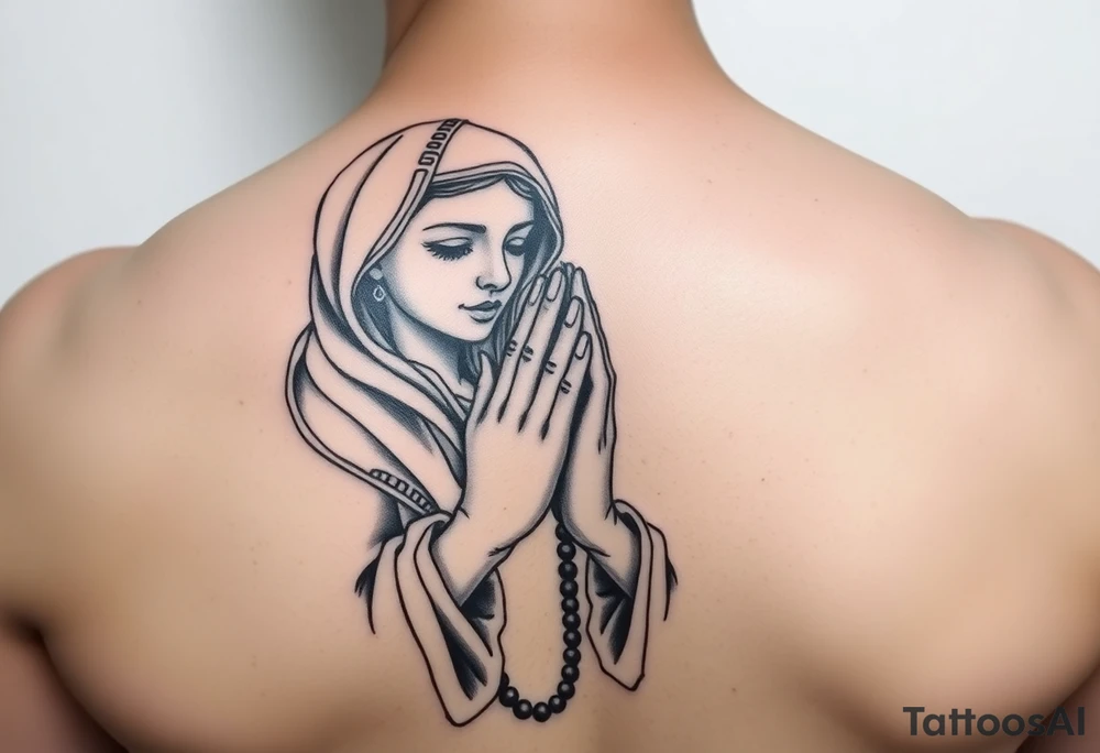 Chicano style woman with praying hands and rosary tattoo idea
