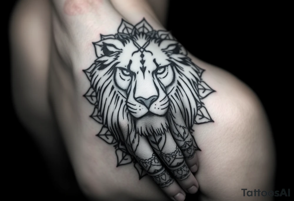 Detailed realistic lion head with mandala patterns around it that covers the hand and a small part of the fingers. tattoo idea