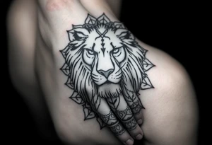 Detailed realistic lion head with mandala patterns around it that covers the hand and a small part of the fingers. tattoo idea