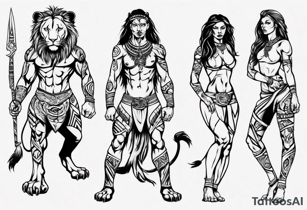 Lioness standing next to a warrior tattoo idea