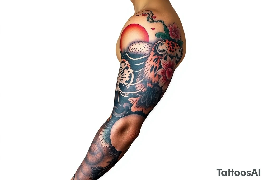 arm sleeve with a koi fish, tiger, sun, and a cherry blossom filler tattoo idea