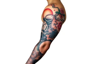 arm sleeve with a koi fish, tiger, sun, and a cherry blossom filler tattoo idea