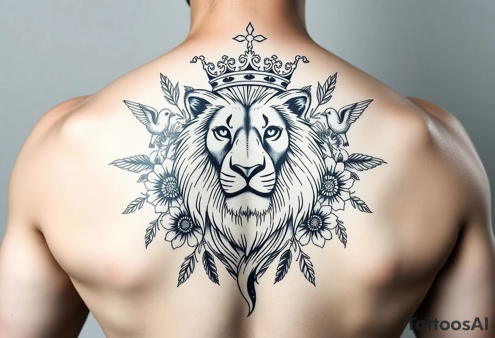 powerful majestic lion with a crown, surrounded by floral ornaments and birds tattoo idea