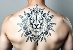 powerful majestic lion with a crown, surrounded by floral ornaments and birds tattoo idea