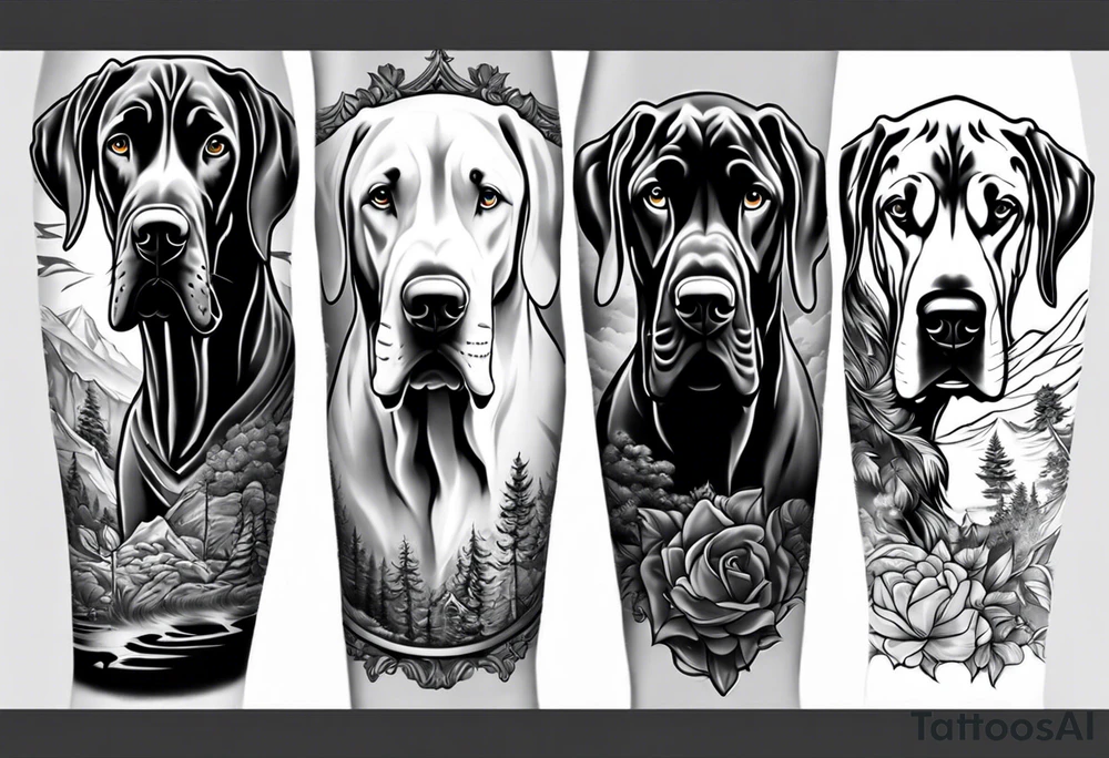 Full arm sleeve. Four Great Danes together exploring outdoors tattoo idea