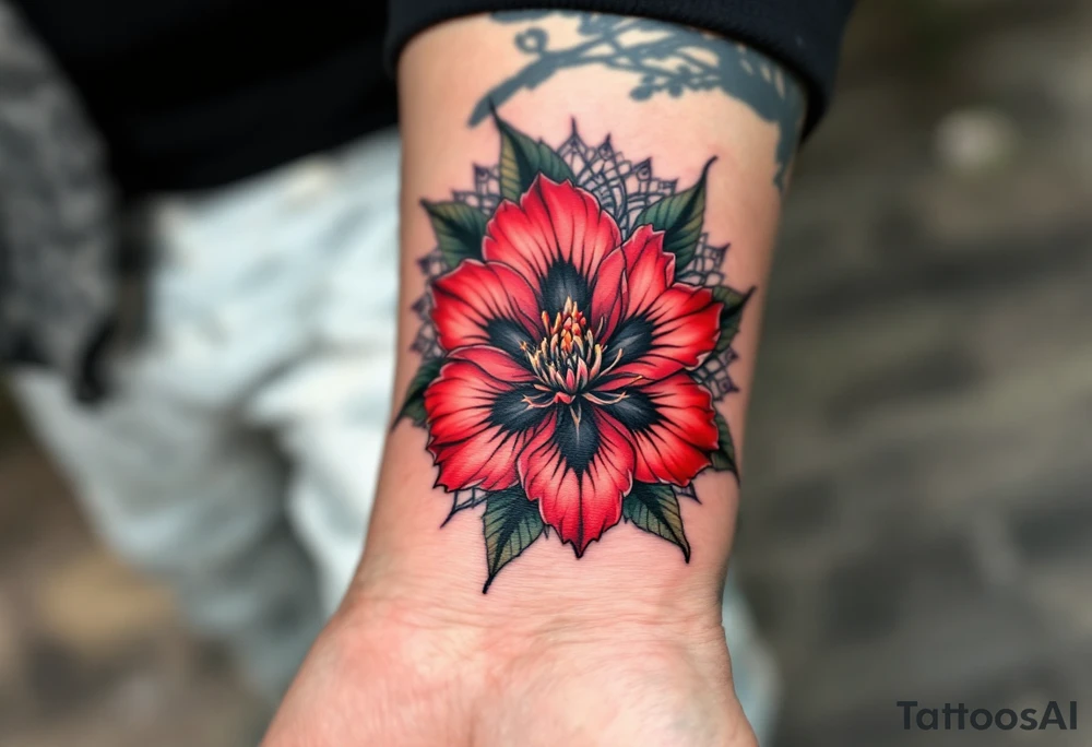 red  and black rhododendron trippy with mandala behind tattoo idea