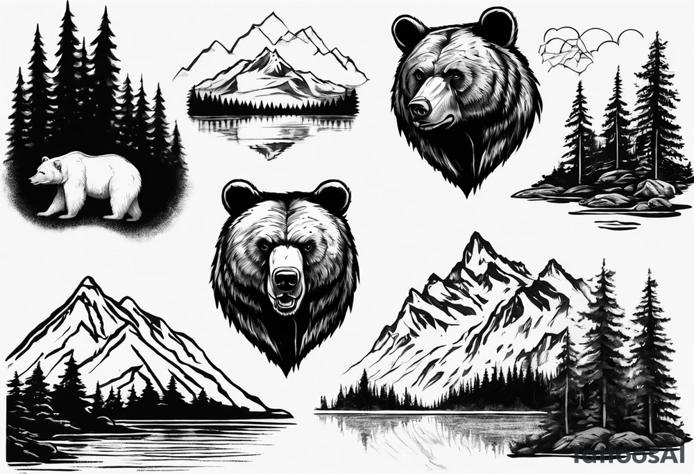 bear head right above the forest line with a lake below tattoo idea