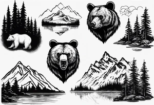 bear head right above the forest line with a lake below tattoo idea