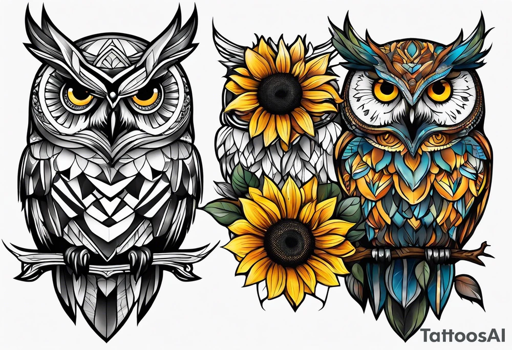 Owl and sunflower sleeve tattoo idea