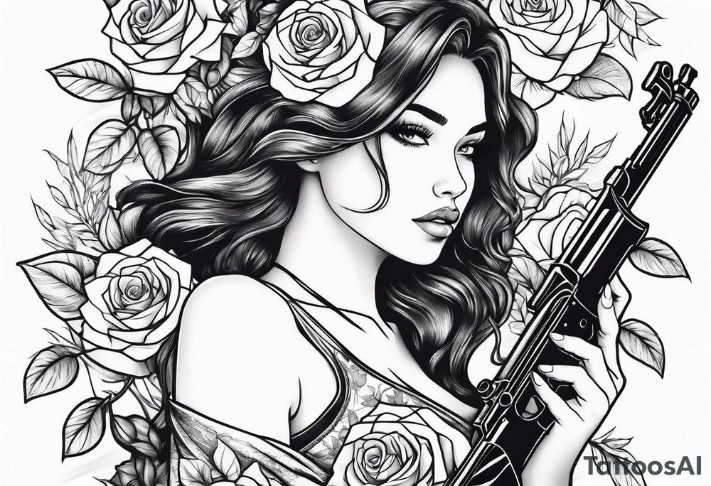 Beautiful woman angle holding a AK 47 surrounded by roses tattoo idea