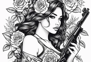 Beautiful woman angle holding a AK 47 surrounded by roses tattoo idea