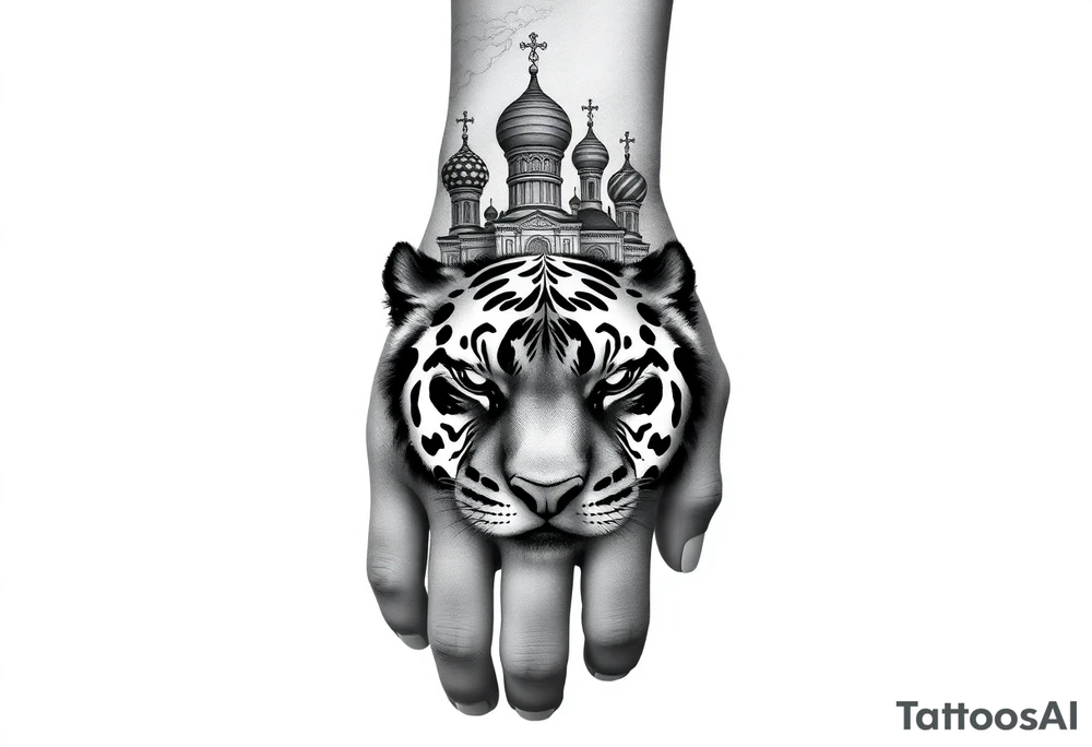 Realistic tiger face on the back of the hand with strong contrast and fine detail with hollow black eyes. with a highly detailed Russian Orthodox cathedral sitting above on fore arm with onion domes and orthodox crosses, done in fine line, engraving-like style. Cohesive composition, black ink only, no color, high contrast, slightly aged, documentary-style, plain light background. with clouds above and a virgin mary 
spanning from my hand to lower fore arm tattoo idea