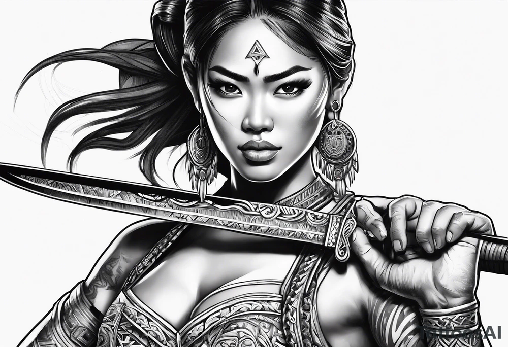 Strong Filipina warrior pretty face Balisong alibaba ready for battle tattoo idea