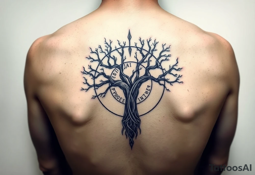 yggadrisl tree of life with circle of runes names Jai, Phoebe, Imogen, Matilda on four branches tattoo idea