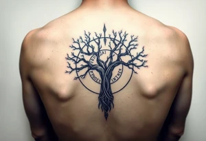 yggadrisl tree of life with circle of runes names Jai, Phoebe, Imogen, Matilda on four branches tattoo idea