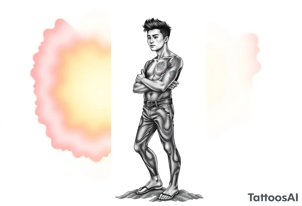 Handsome Asian young guy is standing on his knees tattoo idea