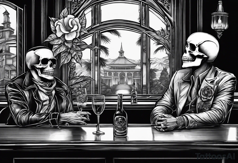 a bar scene with a skeleton couple with hibiscus flowers. western style tattoo idea