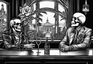 a bar scene with a skeleton couple with hibiscus flowers. western style tattoo idea