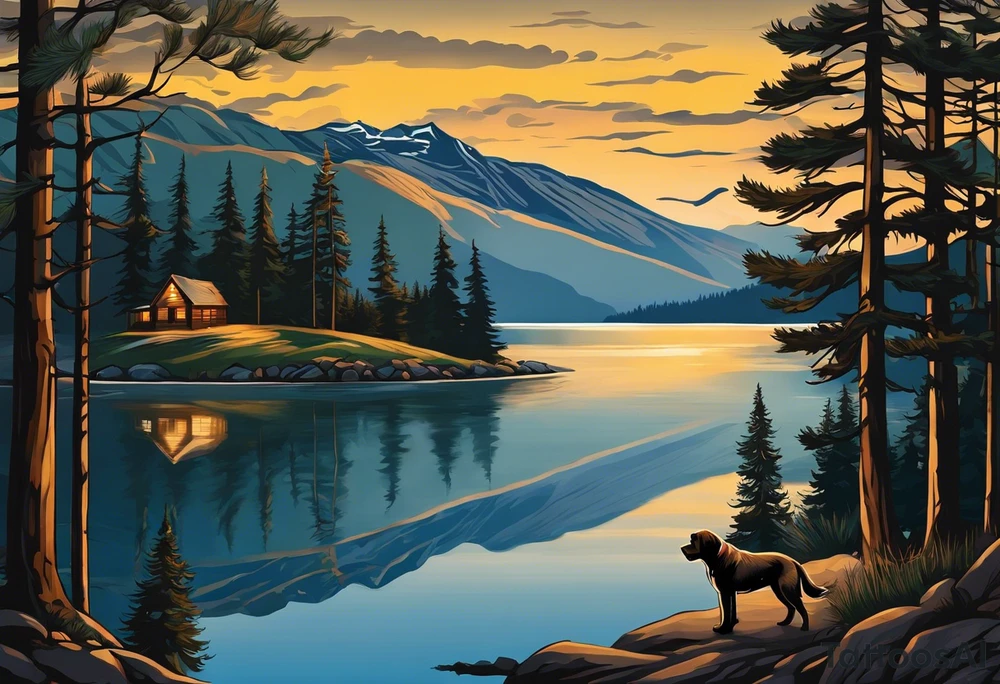 Sleeve tattoo windswept pine tree before lake with low hills on far side of lake. Mastiff silhouette in the foreground. with a dock coming out from the shore. Canadian shield. 
Include the words: "If the sun refused to shine
I would still be loving you
When mountains crumble to the sea
There will still be you and me" tattoo idea