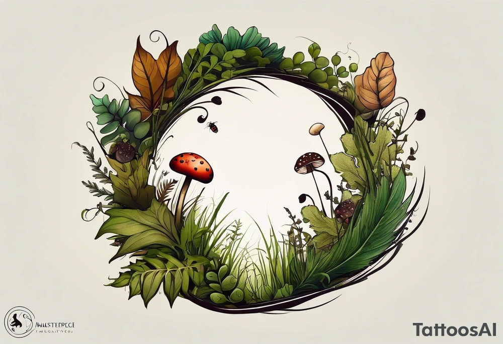 minimalistic forest floor inspired tattoo, which includes grass, moss, curly ferns and dead leaves as the bulk of the tattoo. details to include: forest berries, couple of very small brown mushrooms, a tiny bumblebee flying nearby tattoo idea