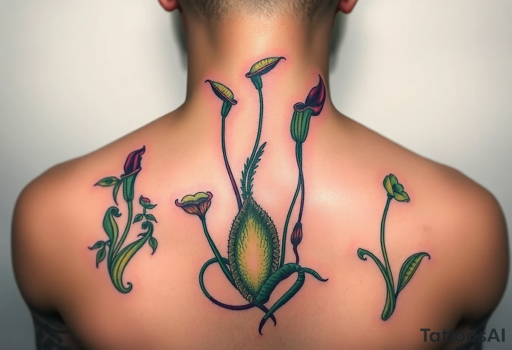 carnivorous plants neck, chest, back, and arm sleeves
I want these spots covered in these plants, ranging from venus fly traps to others tattoo idea