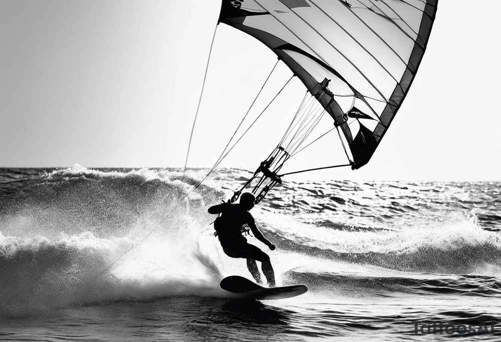 I want a very thin tattoo of a kitesurfer with a heart-shaped sail inflated by the wind. tattoo idea
