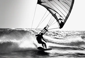 I want a very thin tattoo of a kitesurfer with a heart-shaped sail inflated by the wind. tattoo idea