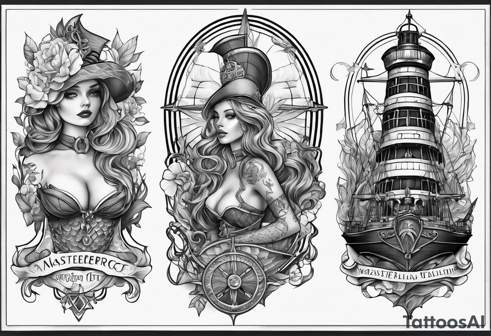 full sleeve skeleton sailor mermaid outline mechanical nautical tattoo idea