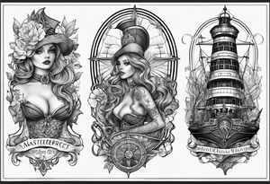 full sleeve skeleton sailor mermaid outline mechanical nautical tattoo idea