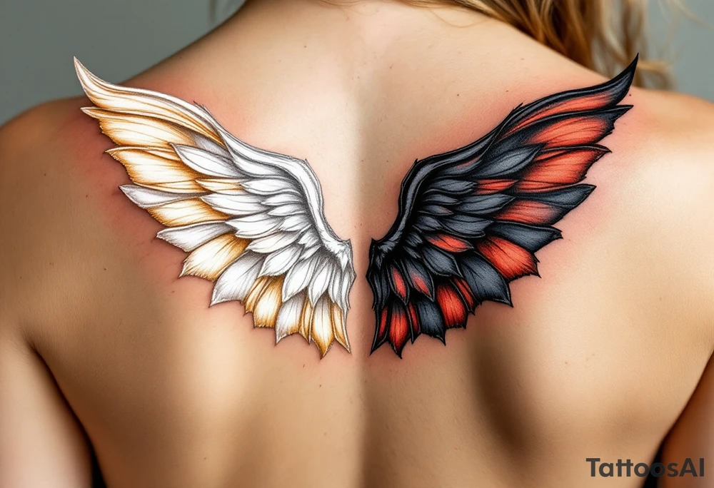 A pair of wings split down the middle—one side an angelic white feathered wing, in soft golden hues, and the other a dark bat-like wing, with deep black and red undertones. The two halves merge at the center, representing the balance of light and darkness. tattoo idea