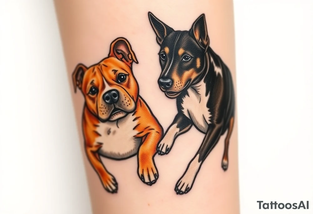 a tan pitbull and a black Australian cattle dog playing together tattoo idea