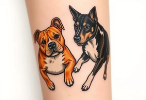 a tan pitbull and a black Australian cattle dog playing together tattoo idea