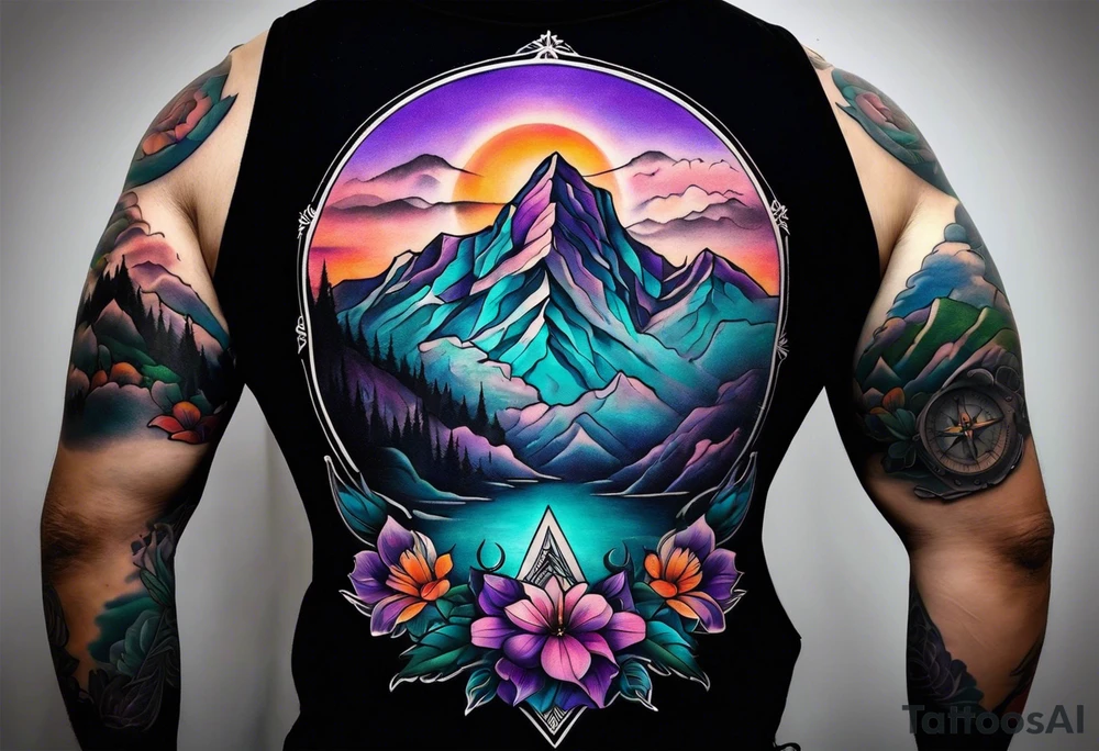 half sleeve tattoo on my shoulder. It features a mountain range, with a compass rose rising up from behind the mountain like a sunrise. In front of the mountains, there are purple and teal flowers. tattoo idea
