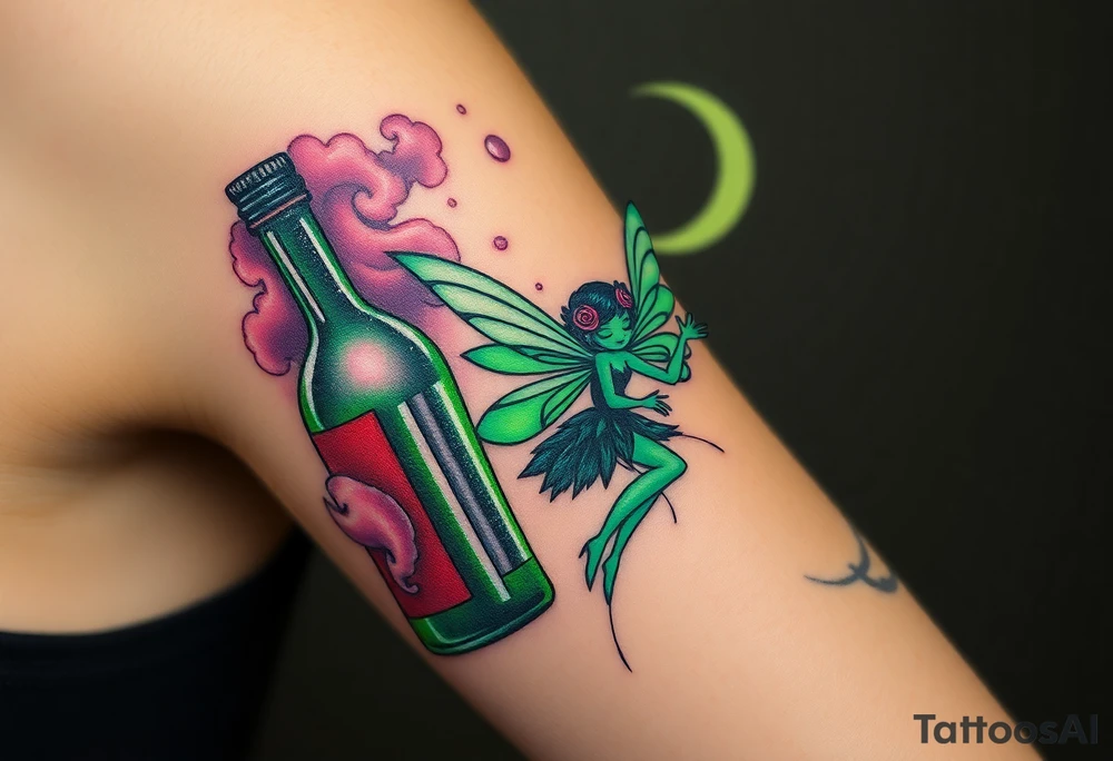 Tim Burton’s green absinthe fairy flitters outside her victorian absinthe bottle it sparkles with magic and dripping with muted reds, dusty pinks, and eerie green glow.purple and cyan smokey clouds swirl in the crescent moonlit sky thats sprinkled with stars tattoo idea tattoo idea