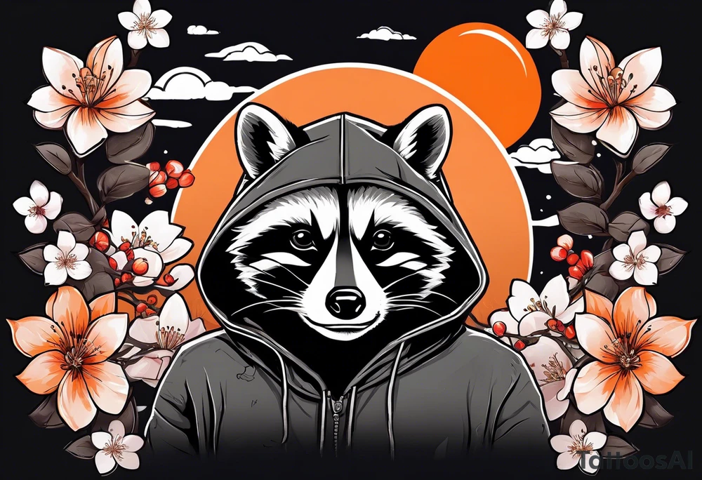 Raccoon wearing a white Superman logo on a black hoodie and orange Japanese cherry blossoms beside tattoo idea