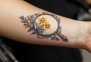 antique mirror with yellow narcissus in it tattoo idea