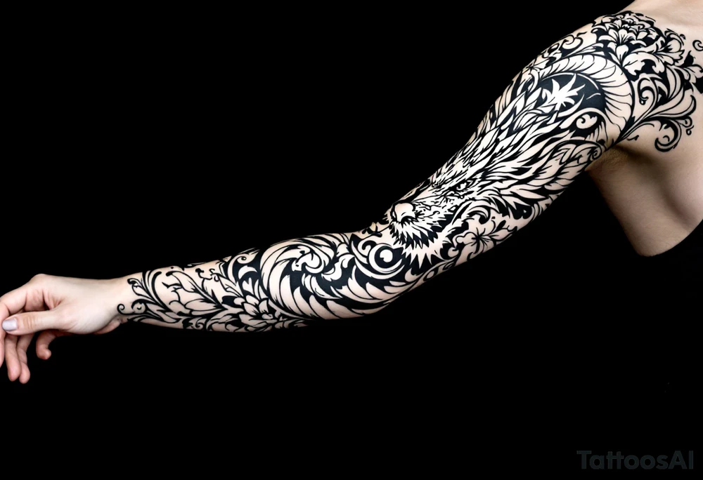 un dragon central entouré de fleurs de lys tattoo idea