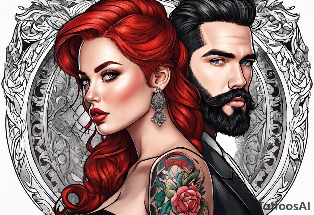 Busty red haired woman with a bearded man who has black hair tattoo idea