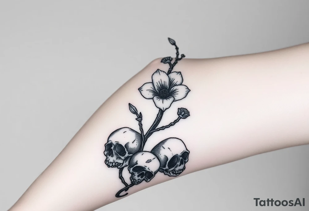 Aconitum flower going up the arm with details gothic style with skulls tribal large tattoo idea
