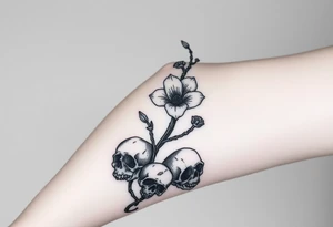 Aconitum flower going up the arm with details gothic style with skulls tribal large tattoo idea
