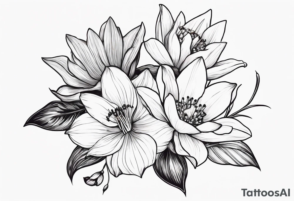 A minimalist line work bouquet of flowers with a water lily, gladiolus, poppy, lily of the valley, daffodil, and a honey suckle. With long stems and tied with a bow tattoo idea