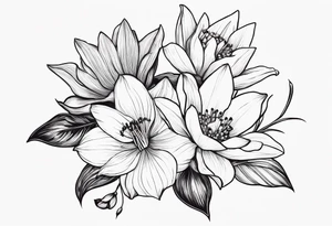 A minimalist line work bouquet of flowers with a water lily, gladiolus, poppy, lily of the valley, daffodil, and a honey suckle. With long stems and tied with a bow tattoo idea