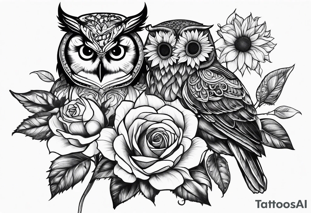 Sunflower and rose flower, owl tattoo idea