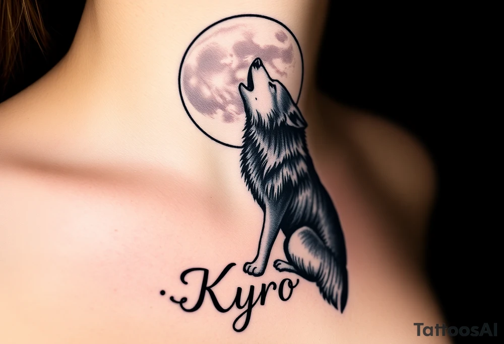 lone wolf howling at full moon with northern lights backdrop with name Kyro tattoo idea