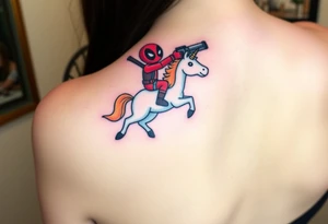 Deadpool riding unicorn pointing rocket propelled grenade launcher tattoo idea