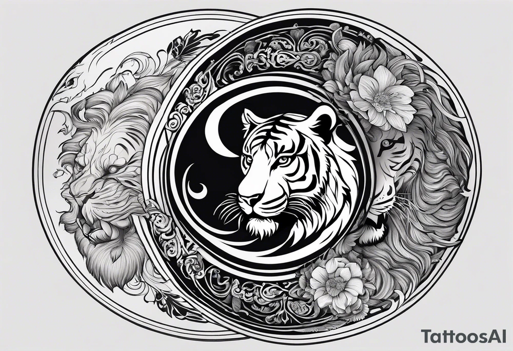 Tiger and lion on a yin yang plate tattoo idea
